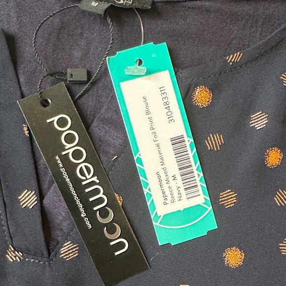 PaperMoon Mixed Material Foil Print Blouse Navy Rose Gold Polka Dot Women Medium - Picture 8 of 12